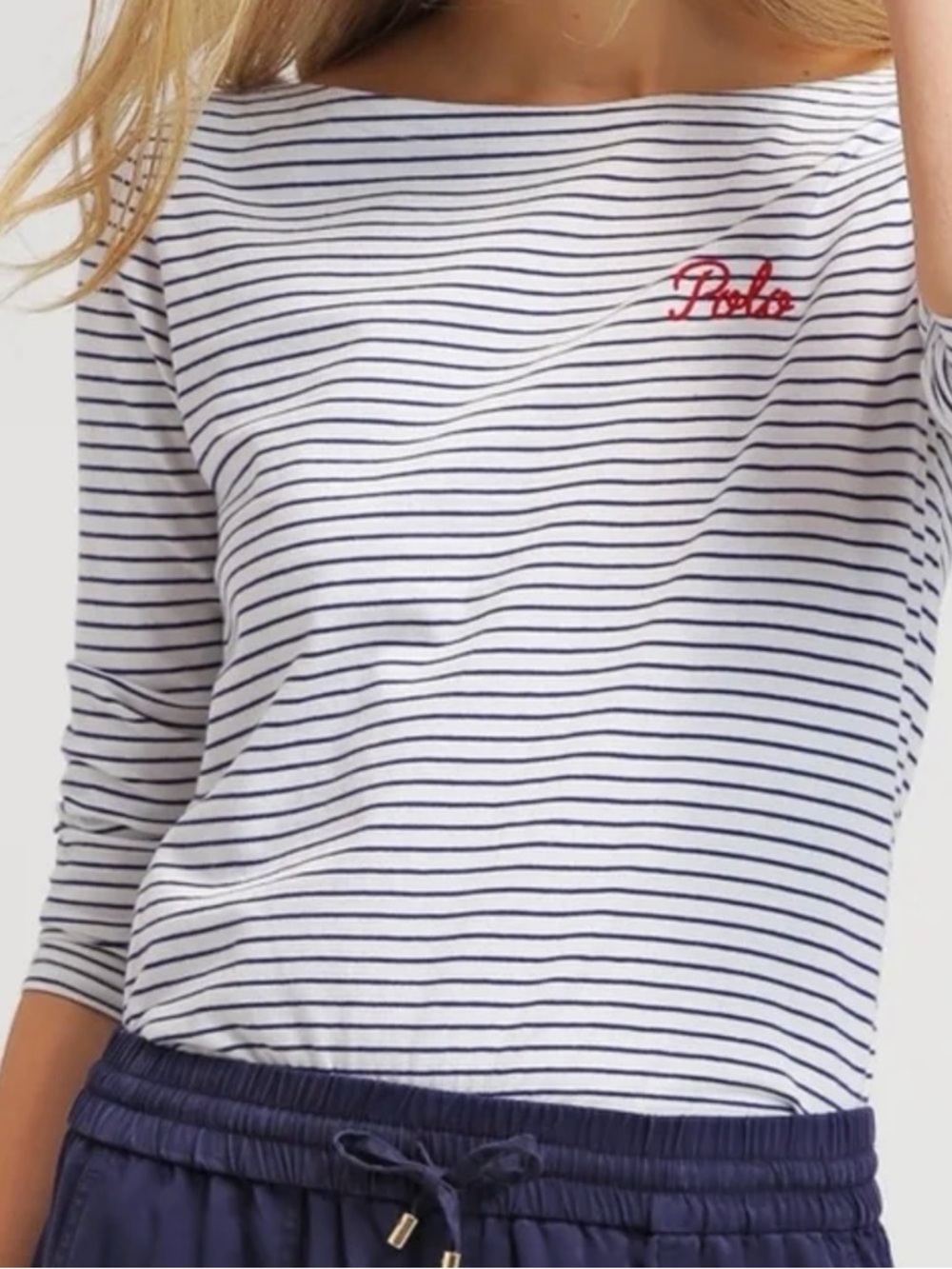 Ralph Lauren White Blue Striped 3/4 sleeve Top with Red embroidered POLO